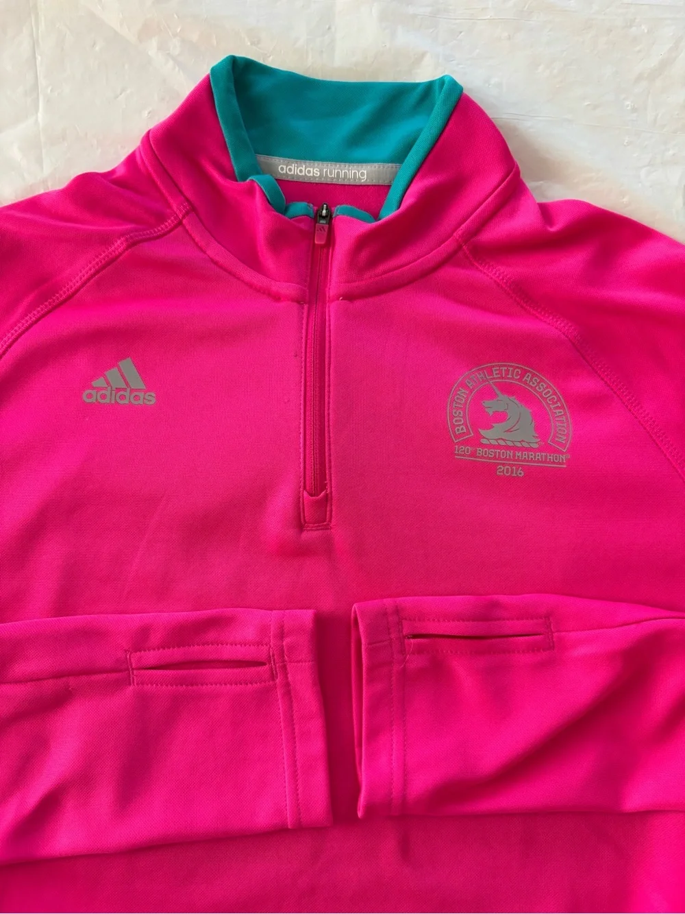 Addias Pink Boston Marathon 2016 Quarter-Zip Training Jacket SZ L Worn 1X - Picture 4 of 14